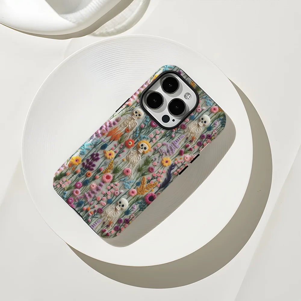 Fashion Embroidery Effect Skull Skeleton Phone Case For iPhone 16 15 Pro Max 16 Plus 2 in 1 Hard Protection Cover Funda