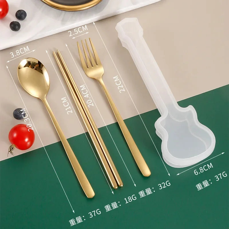 2/3Pcs Cutlery Set Fork Spoon Chopsticks Dinnerware Set 304 Stainless Steel Portable Travel Flatware Guitar Box