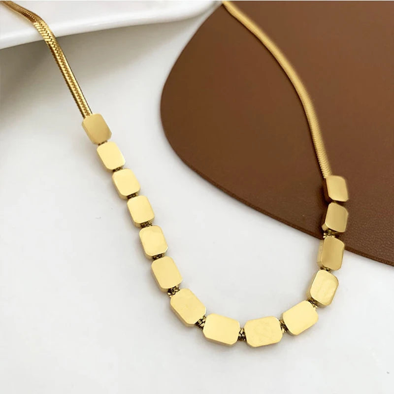 Minimalist Gold Color Smooth Square Charms Necklace for Women Stainless Steel Snake Chain Choker Necklace