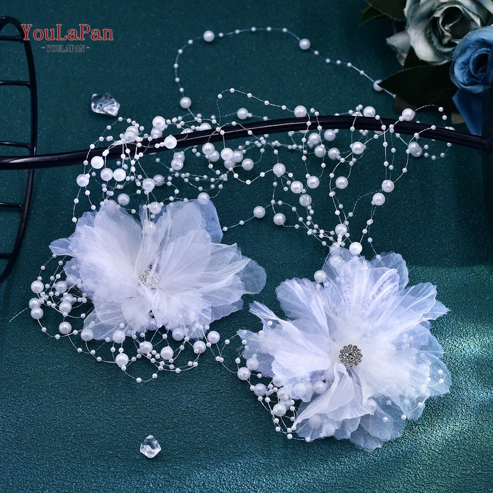 Elegant Women Bride Headwear Handmade gauze Flower Wedding Princess Headband Long Pearl Tassel Hair Accessories