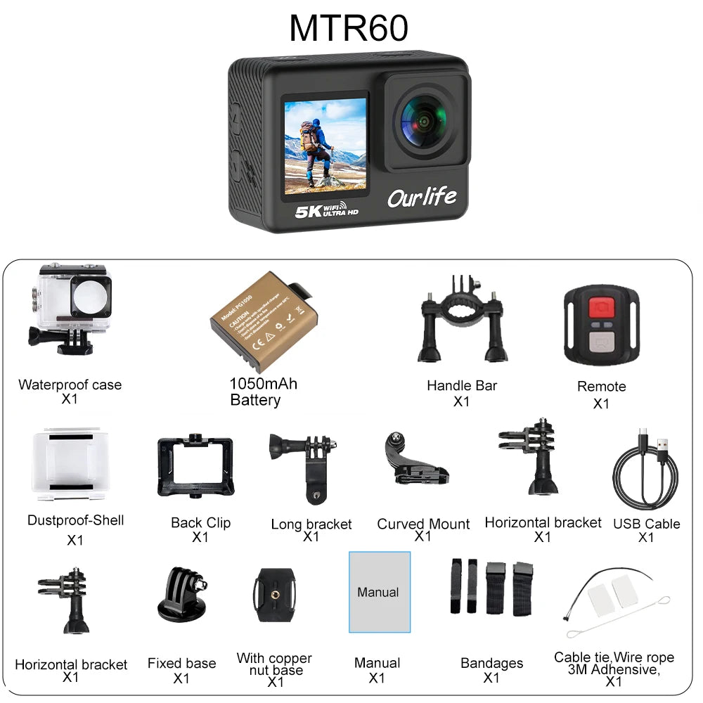 5K Action Camera with 2.0 Inch Touch Screen WiFi EIS and 30M Waterproof Housing