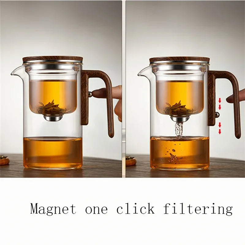 One Click  Switch Tea Separation Filtration Glass Tea Pot Wood Handle Tea Water Separation Inner Container Teapot