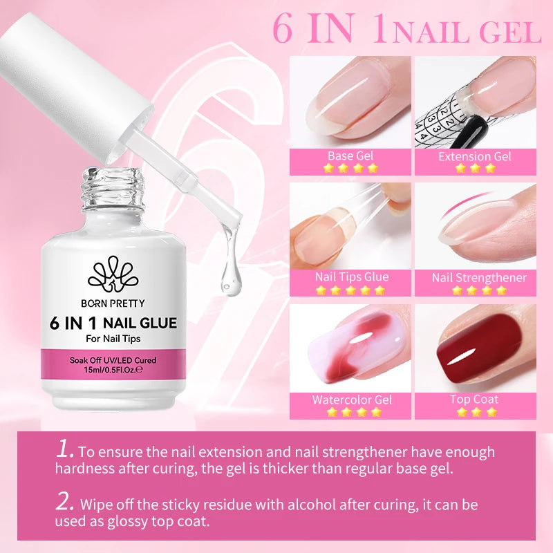 6 IN 1 Nail Glue Gel 15ML for Acrylic Nails Soak off Base Gel Top Coat UV Extension Nail Gel False Nail Tips Gel