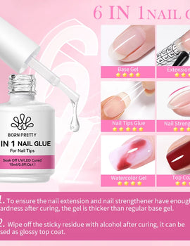 6 IN 1 Nail Glue Gel 15ML for Acrylic Nails Soak off Base Gel Top Coat UV Extension Nail Gel False Nail Tips Gel