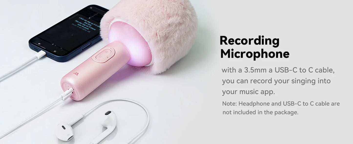 Bluetooth Karaoke Microphone with Fluffy Cover, 2-in-1 Handheld Mic & Speaker with Dynamic LED Lights for Party Singing