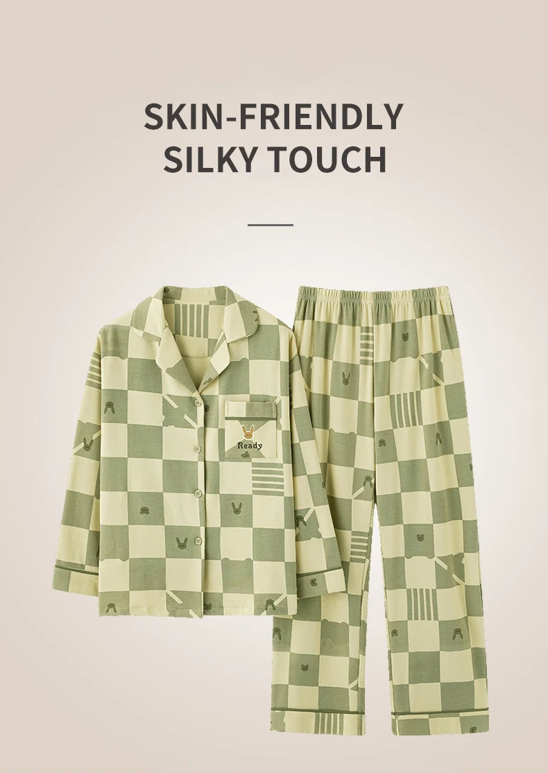 Women’s Winter 100% Cotton Pajama Set – Loose Fit, Turn-Down Collar, Long Sleeves, Cute Pink