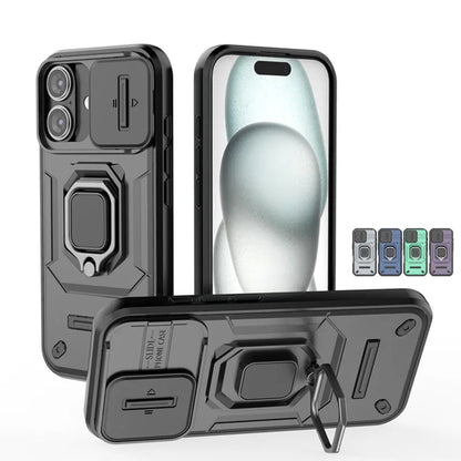 For iPhone 16 Case Lens Protection Sliding window Cover For iPhone 16 Pro Max Cover Armor Shockproof Silicone Ring Stand 16 Plus