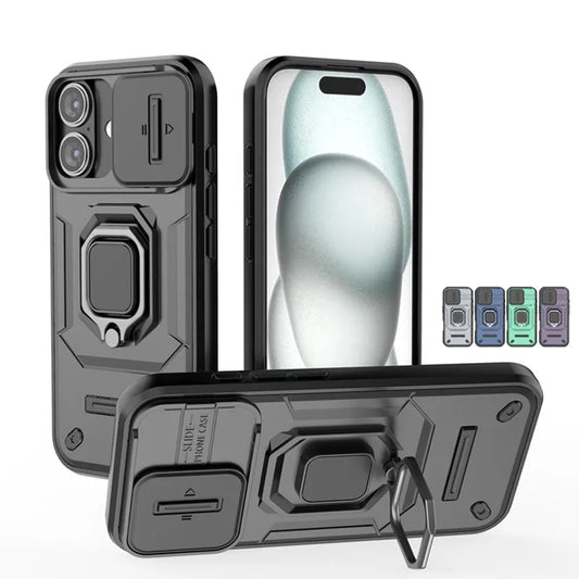 For iPhone 16 Case Lens Protection Sliding window Cover For iPhone 16 Pro Max Cover Armor Shockproof Silicone Ring Stand 16 Plus