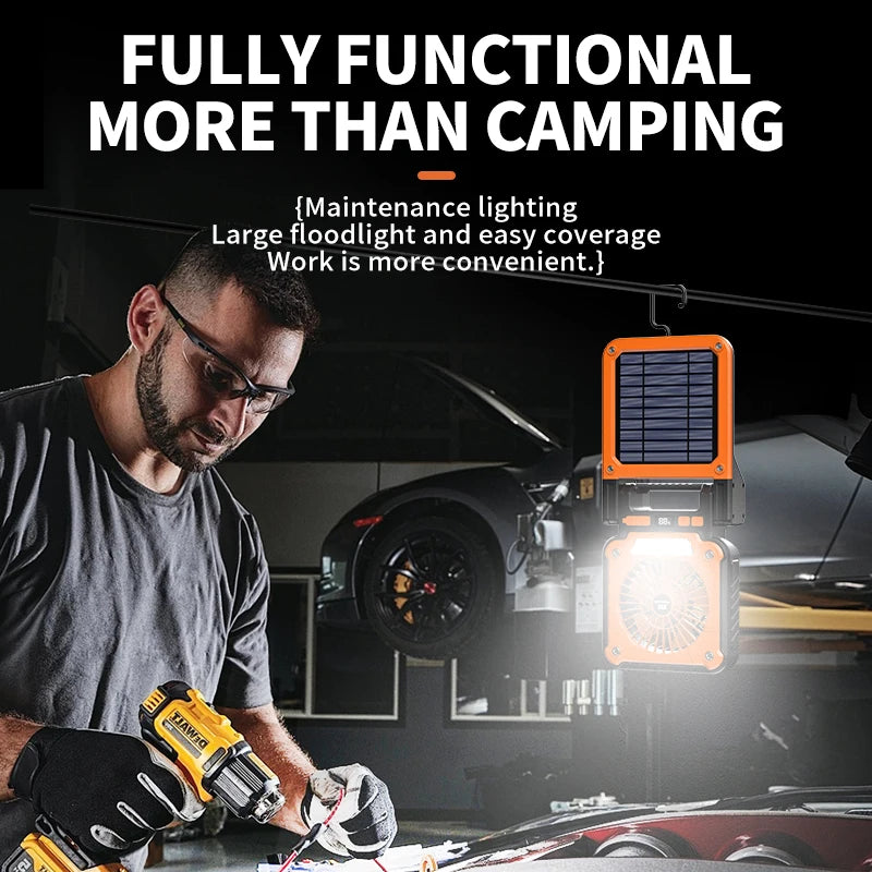 Outdoor Solar Rechargeable Camping Fan Light Foldable Tent Lantern with LED Light USB Portable