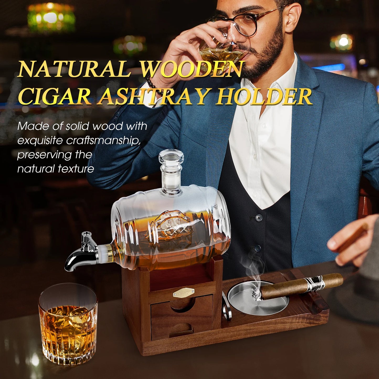 Cigar Ashtray Whiskey Decanter Set Wooden Ash Tray Cigar Cutter Cigar Accessories Drawer Whiskey