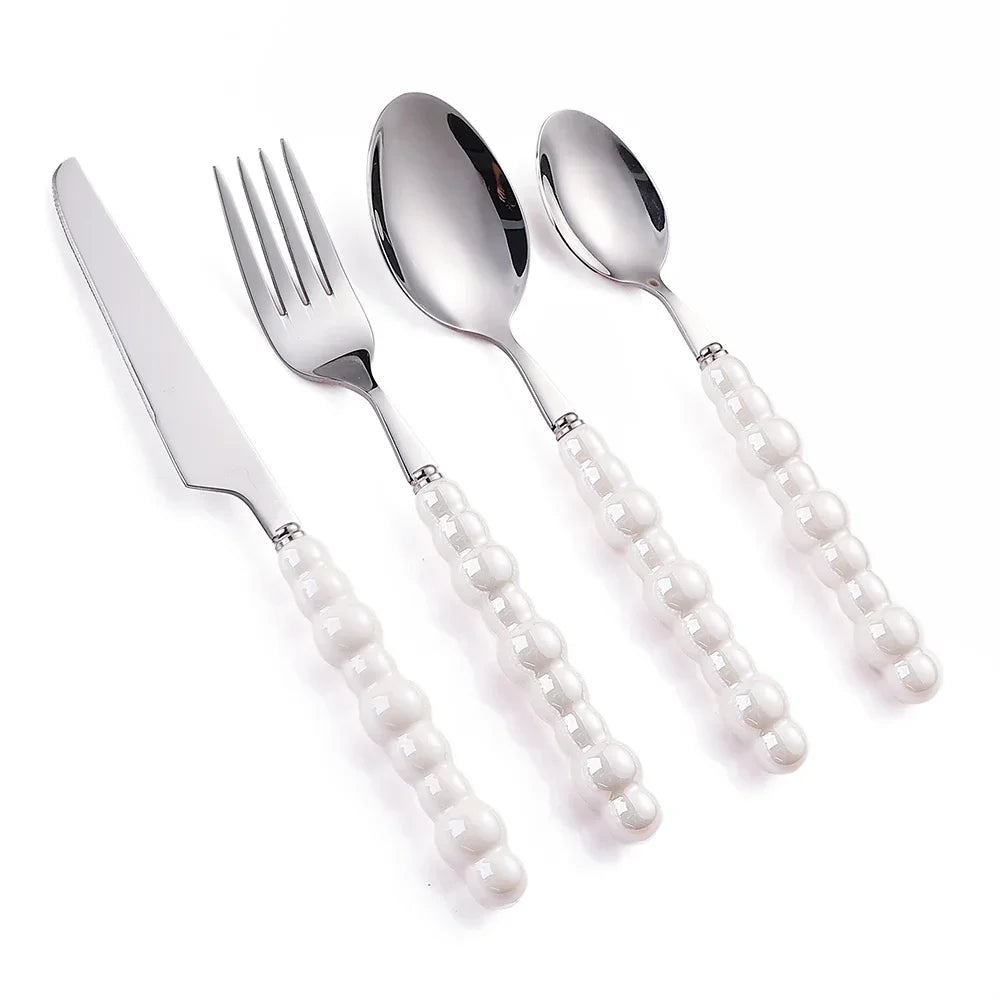4Pcs Luxury Dinnerware Set Ceramic Pearl Handle Stainless Steel Spoon and Fork Set Western Silver Cutlery High-looking Tableware