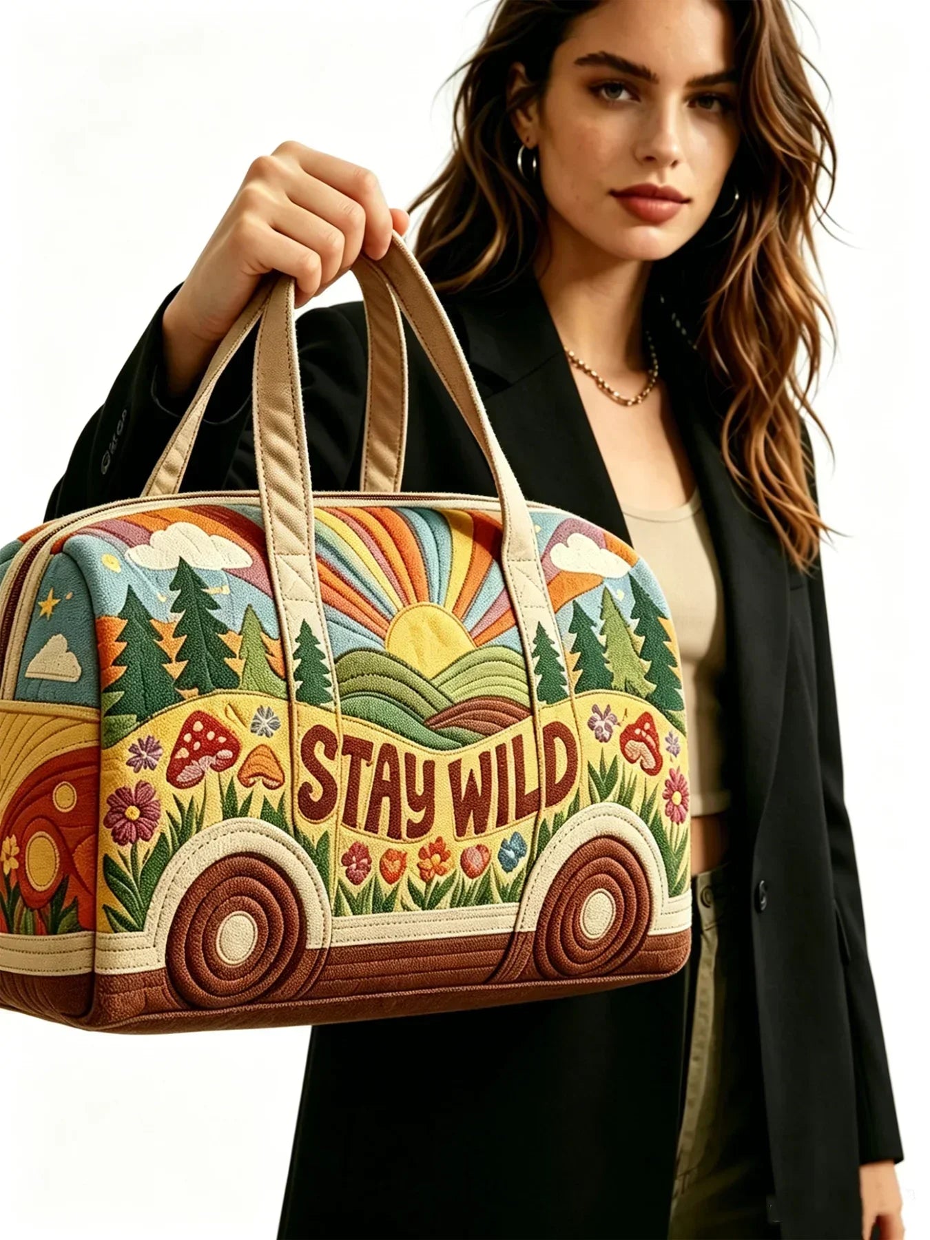 Boho Quilted Travel Duffle Bag Large Capacity 3D Pattern Weekender Tote