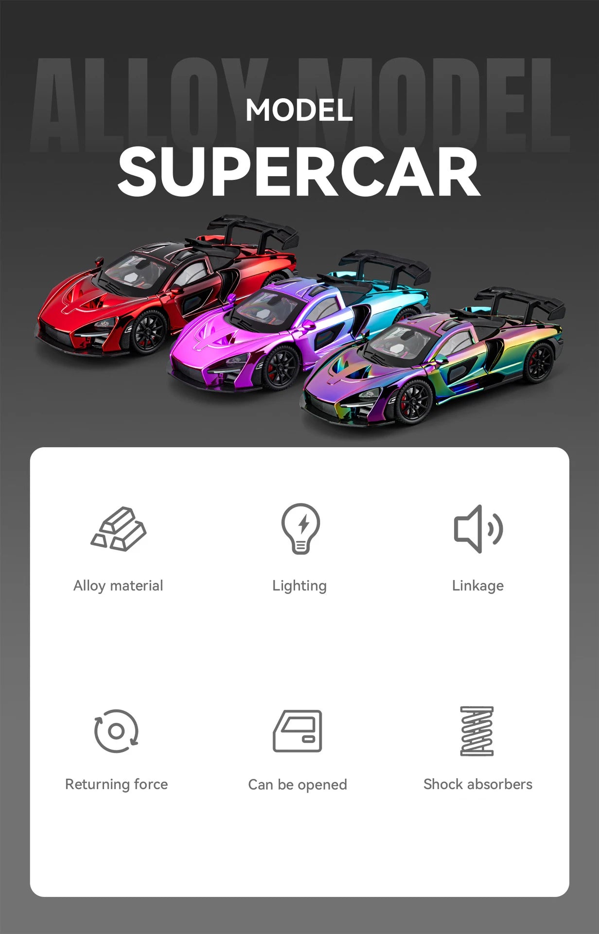 1 24 Scale Senna Supercar Diecast Pull Back Model Car with Sound and Light