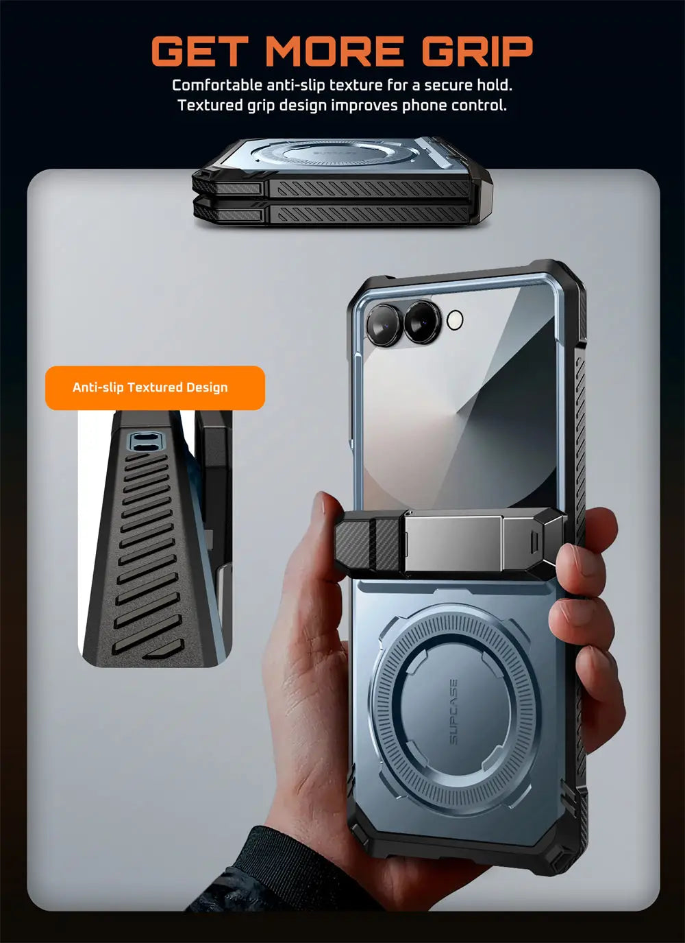 For Samsung Galaxy Z Flip 7 Case UB Grip Military-Grade Rugged Back Phone Case with Stand & Front Screen Protector