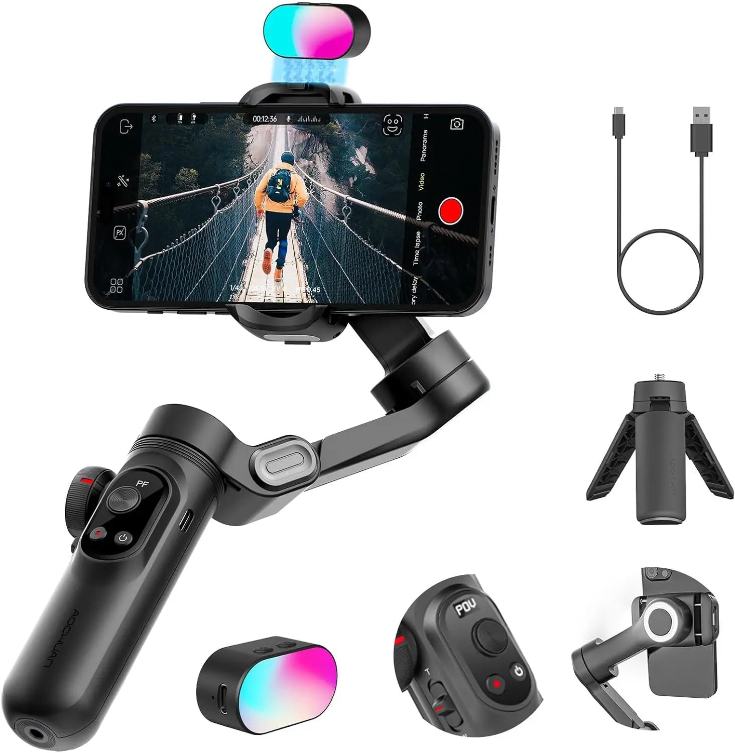 Smart X Pro Kit 3-Axis Gimbal Stabilizer Set with RGB Magnetic Light OLED Display LED Light Focus Wheel(Black)