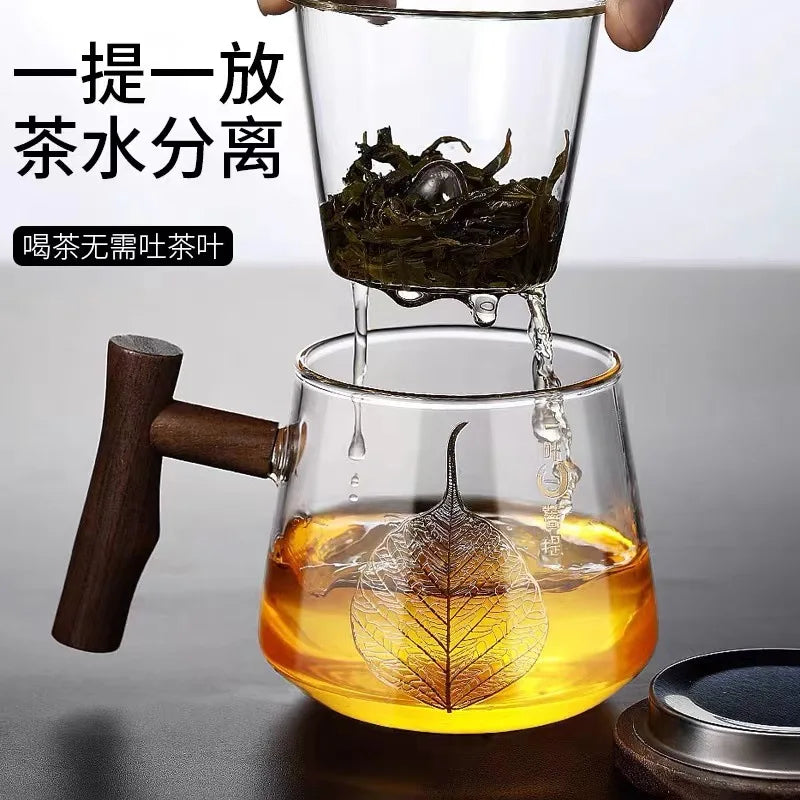 Heat Resistant Glass Teacup Strainers Wood Handle Lid Chinese Kung Fu Tea Set Ceremony High Boron Silicon Teawear Cups