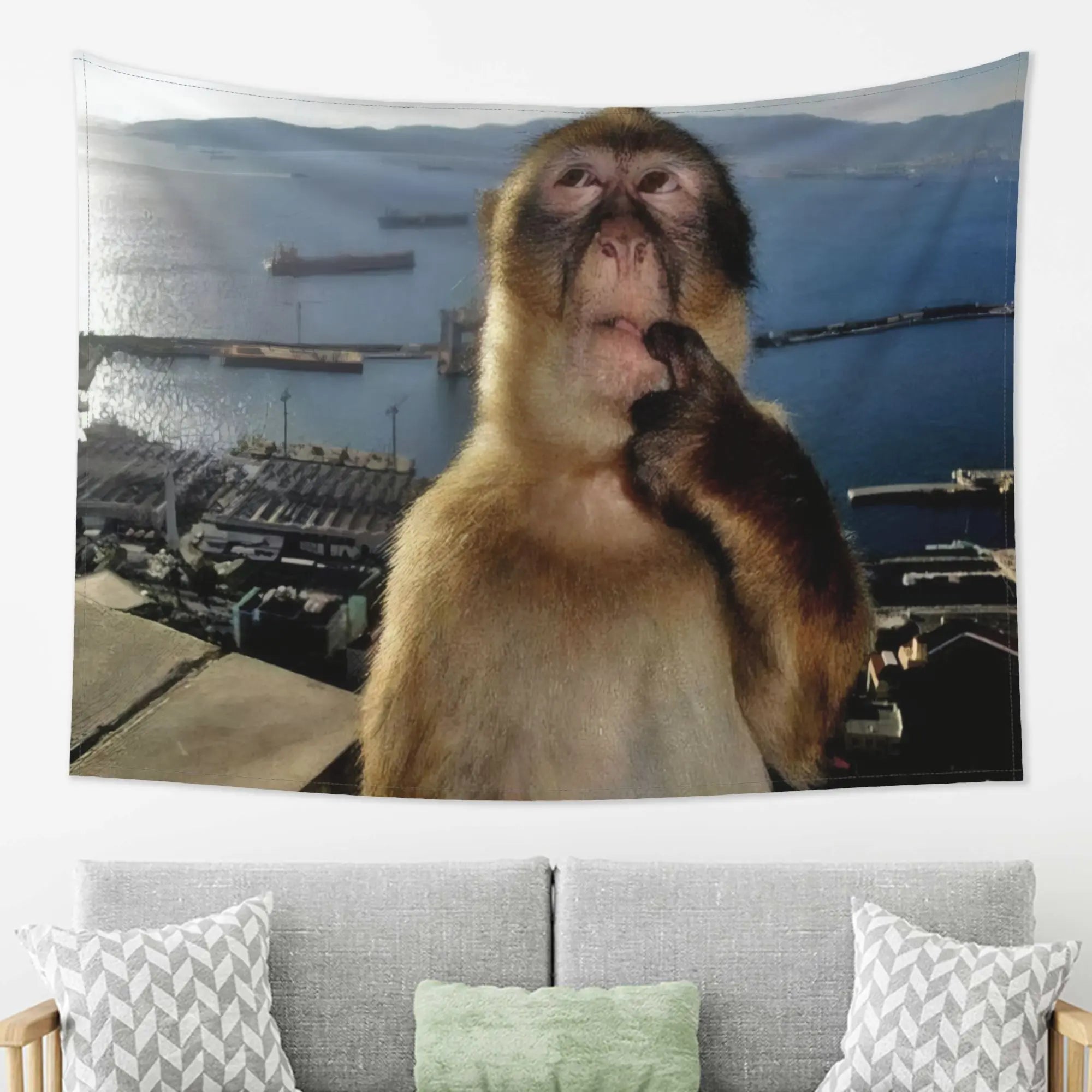 Contemplation Monkey Ocean Tapestry Sailboat Far Mountain City Panoramic Living Room Sofa Background Wall Decoration