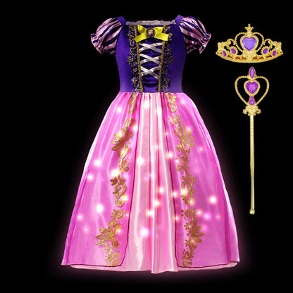 Rapunzel Princess Dress Costume LED Light Up Roleplay Disguise Fancy Kids Halloween Birthday Costume