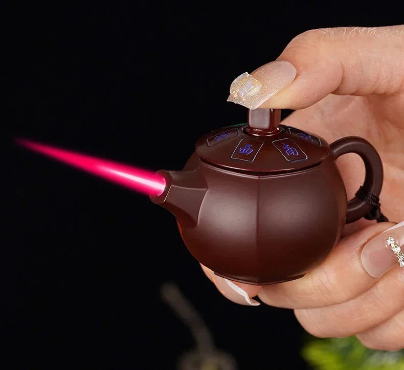 Creative Teapot Gas Lighter Adjustable Flames with Playing Inflation Windproof Red Flame Cigarette Accessories Unique Gift