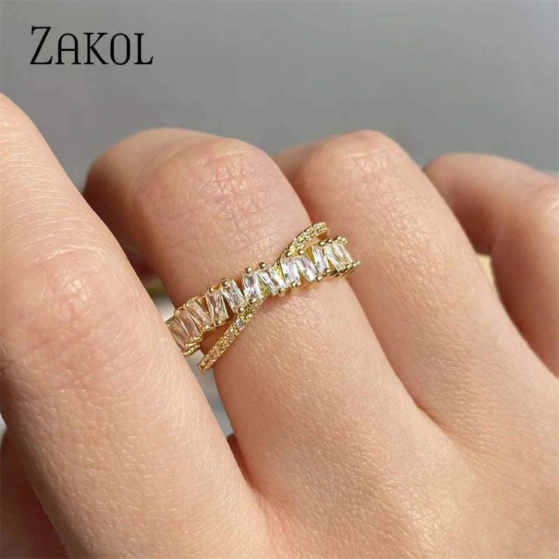 Fashion Baguette Zircon X Shape Open Rings Cross Adjustable Ring