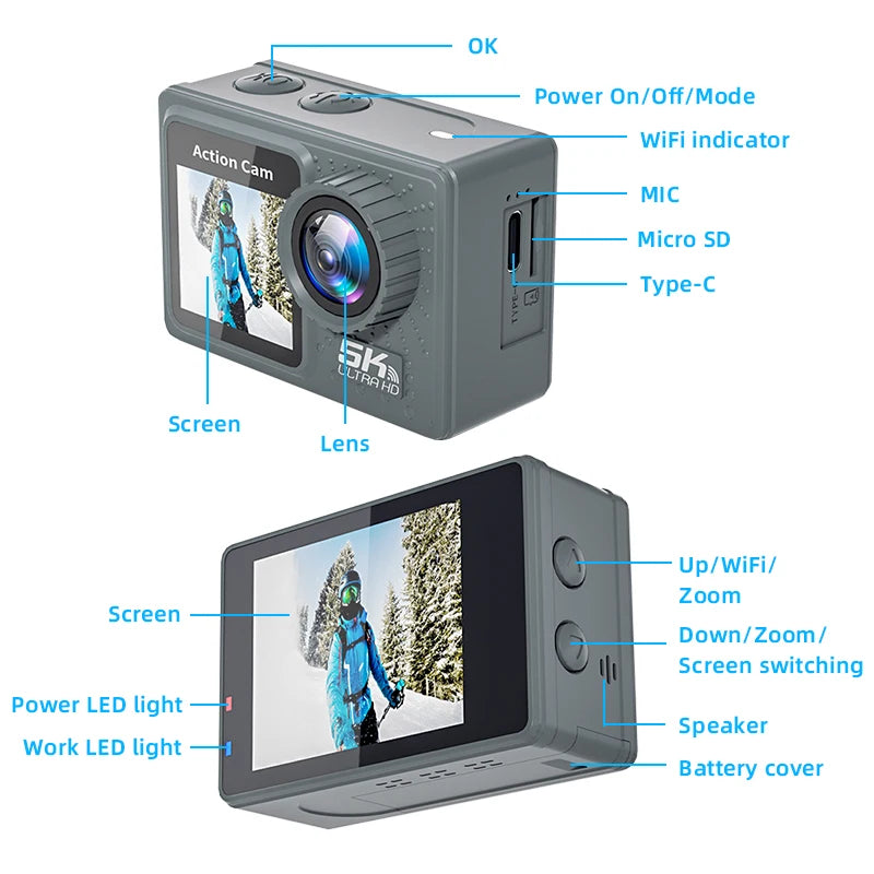 5K Action Camera Pro WiFi Remote Control Sport Camera with EIS HD 1080P 60FPS Bicycle Motorcycles Helmet Video Recording Cameras