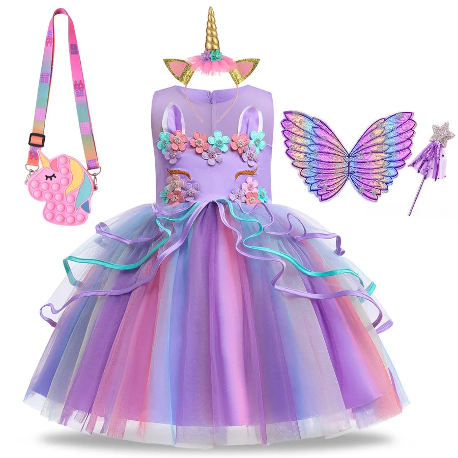 Rainbow Unicorn Princess Dress with Bow and Tulle Skirt Birthday Party Costume