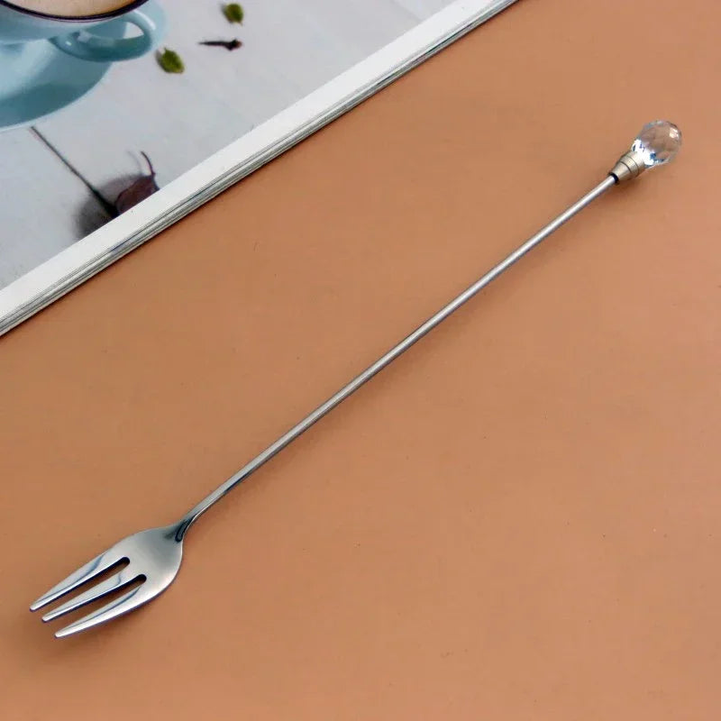 Stainless Steel Diamond Coffee Spoon and Fork Set Creative Crystal Long Handle, Perfect for Desserts, Ice Cream, Cake, and Fruit
