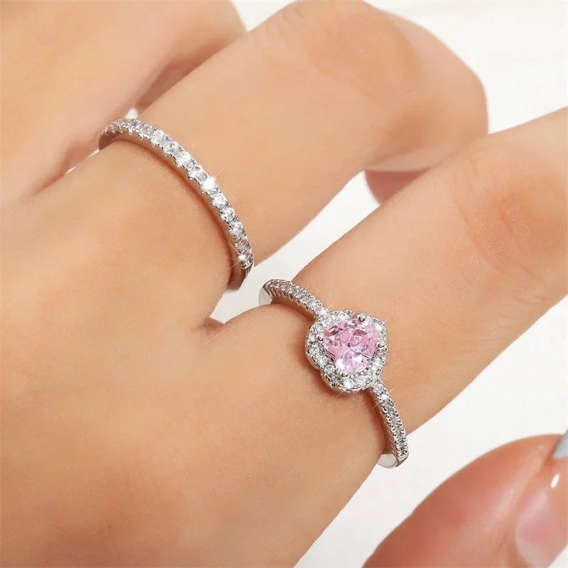 Romantic Pink Heart CZ Engagement Rings for Women Fashion AAA Cubic Zirconia Wedding Bands