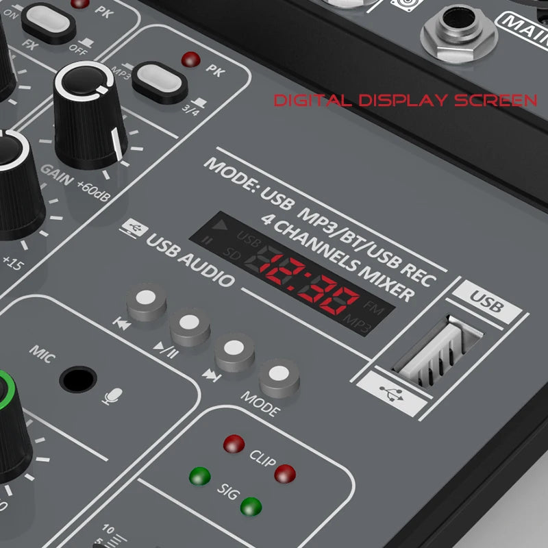 4 Channel Audio Recording Mixer With Bluetooth USB And 48V Phantom Power Light Grey