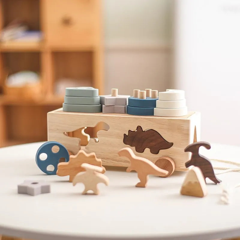 Montessori Shape Sorter Silicone Wooden Pull Along Car Dinosaur Shape Sorter Matching Blocks Box Kid  Intellece Educational Toys