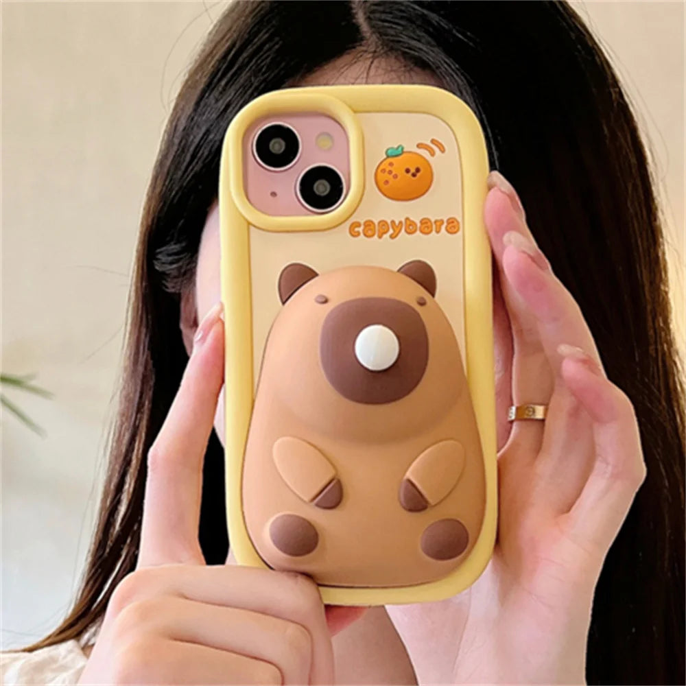 Cute Cartoon Capybara Squishies Phone Case For iPhone 15 13 14 Pro Max Blowing Bubble Lens Protection Soft Silicone Cover