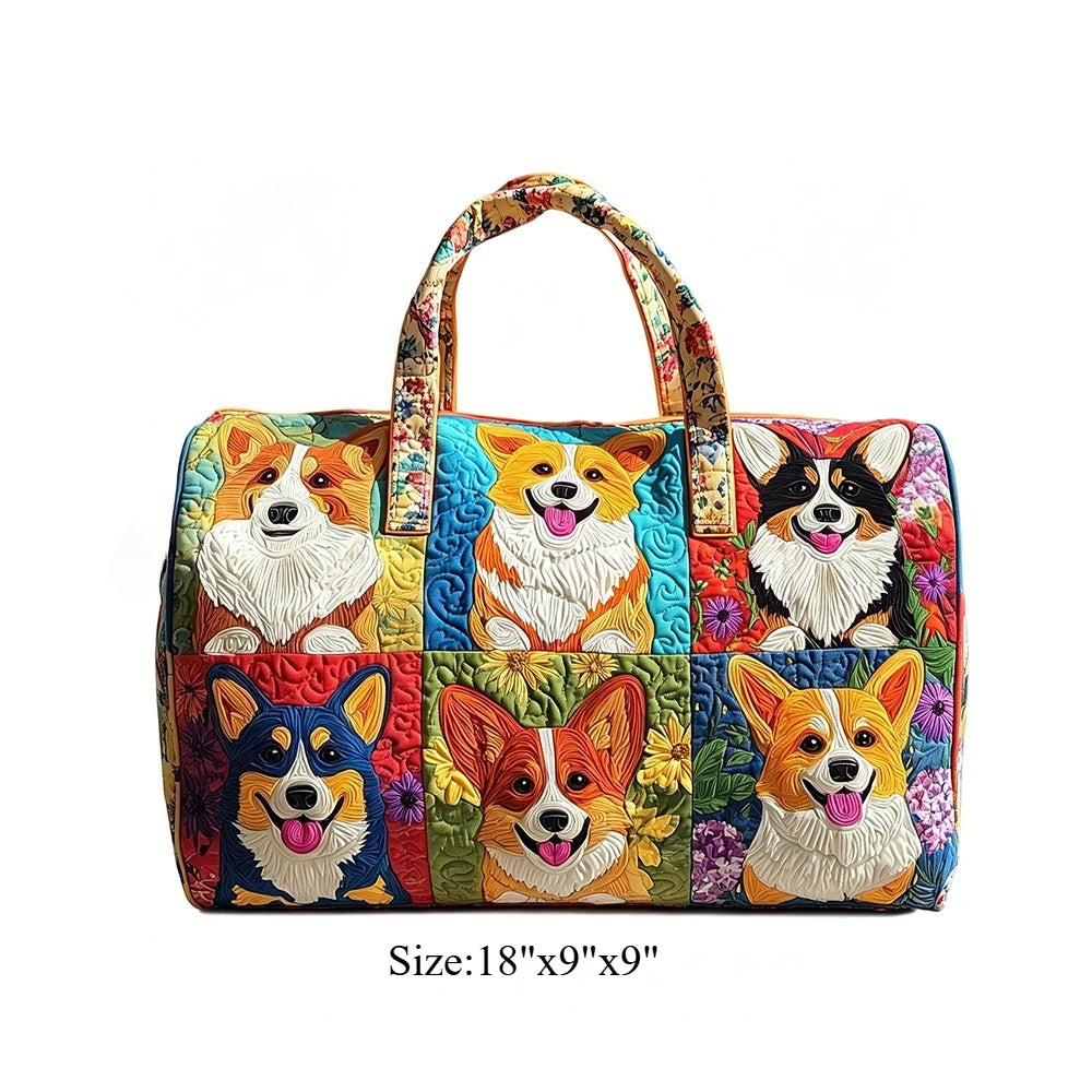 Cute Corgi Dog Print Quilted Duffel Bag Women 3D Puppy Print Travel Weekender Casual Gym Sports Overnight Carry On Bags