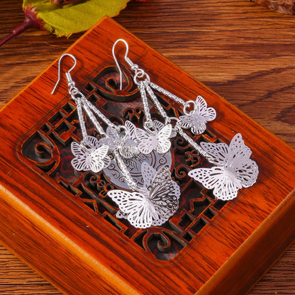 Retro Bright Silver Color Leaf Butterfly Peacock Earrings Tassel Dangle Earrings Jewelry