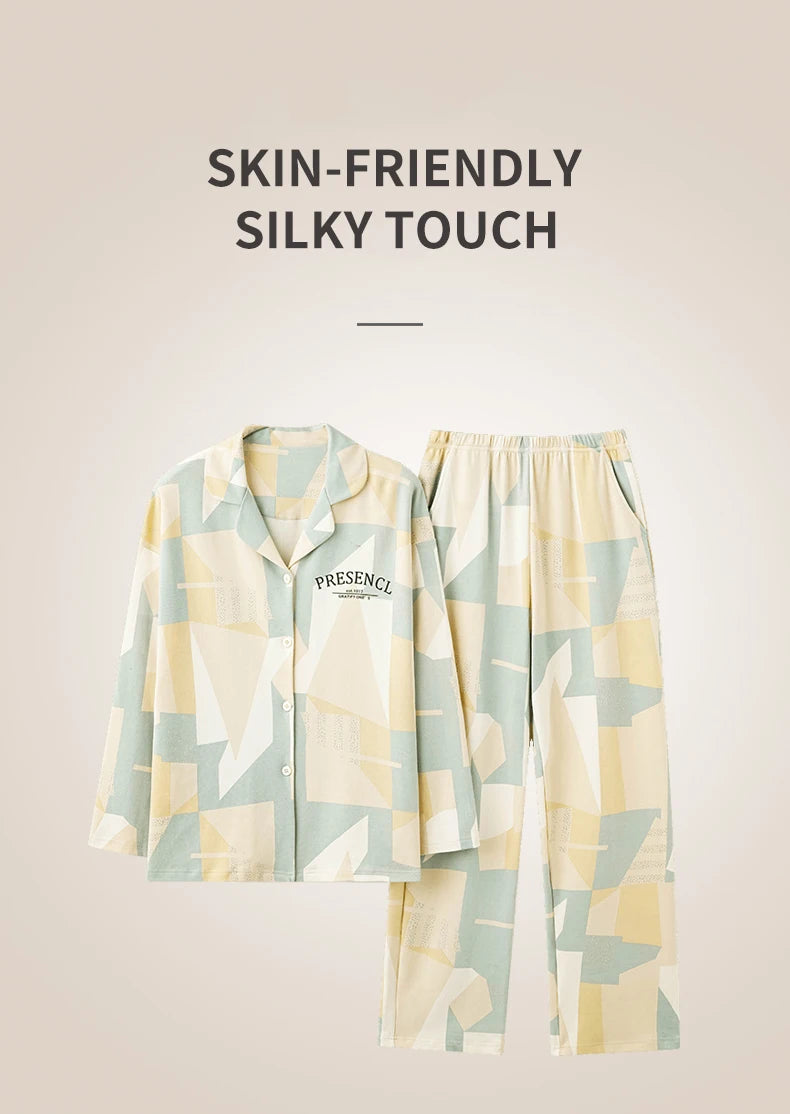 Women’s Winter 100% Cotton Pajama Set – Loose Fit, Turn-Down Collar, Long Sleeves, Cute Pink