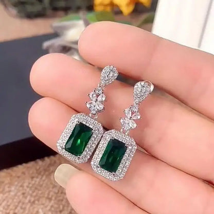 Vintage Green Square Crystal Dangle Earrings