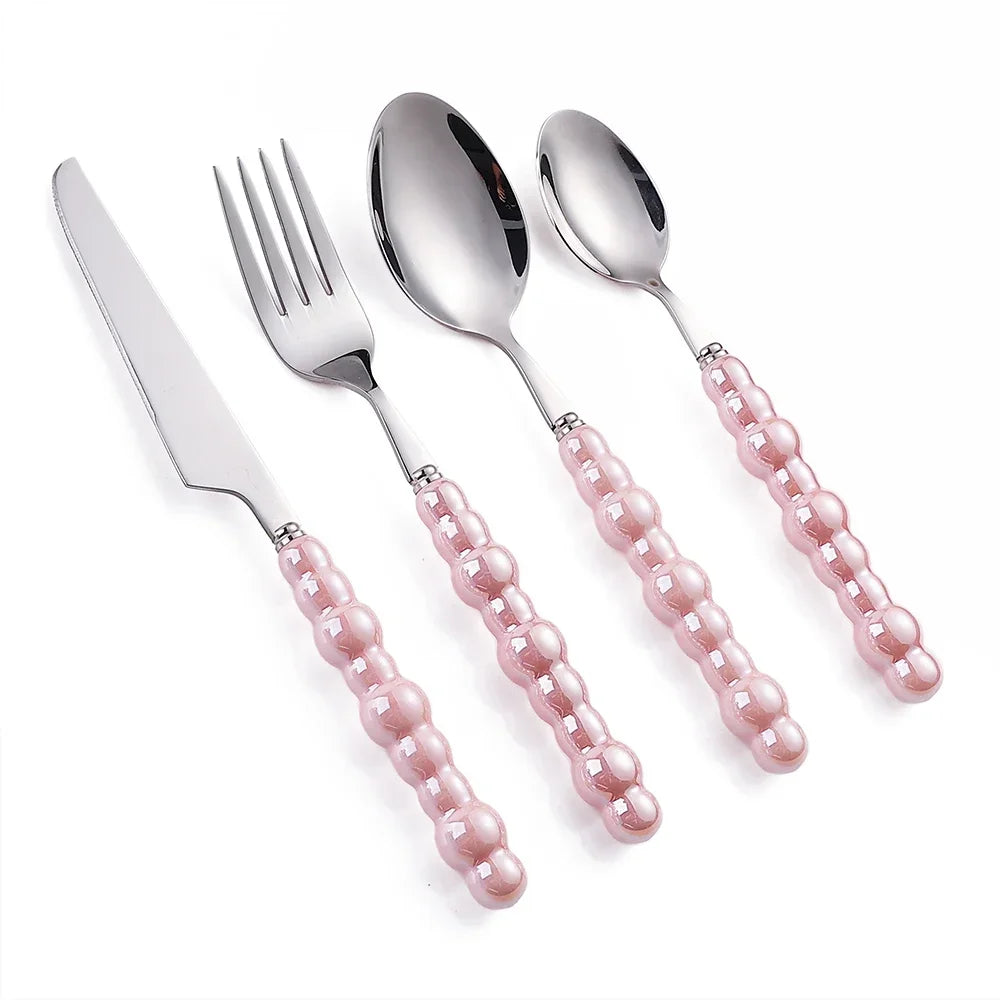 4Pcs Luxury Dinnerware Set Ceramic Pearl Handle Stainless Steel Spoon and Fork Set Western Silver Cutlery High-looking Tableware