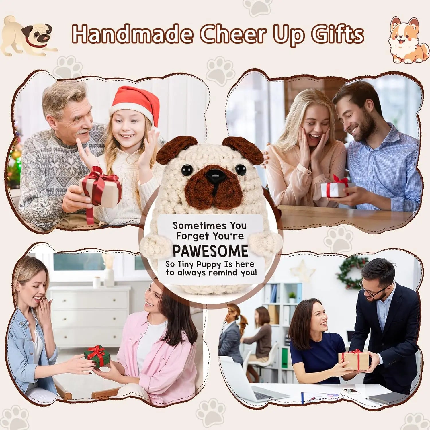 3 Pcs Funny Crochet Positive Energy Puppy With Card Desktop Ornament Handmade Knitted Emotional Support Dog doll Home Room Decoration