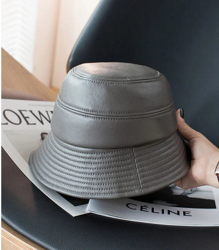 Bucket Hat Big Sun Shade 100% Genuine Leather Fisherman Caps Female Chic Grey Basin Casquette Street