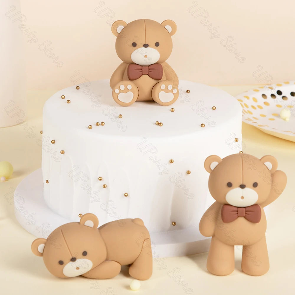 1 Set Brown Bear Cake Toppers  2-4cm White Balls Boho Teddy Bear Cake Topper for Birthday  Shower Cupcake Cake Decoration