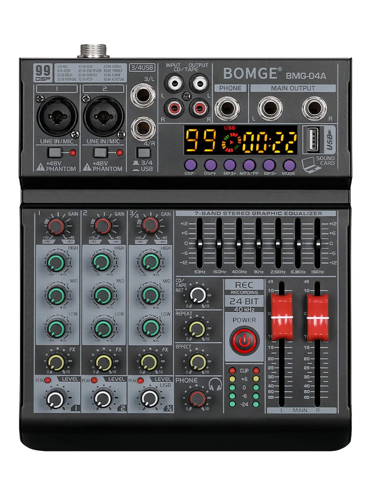 4 Channel Audio Mixing Console with 99 Band EQ USB Recording and Bluetooth