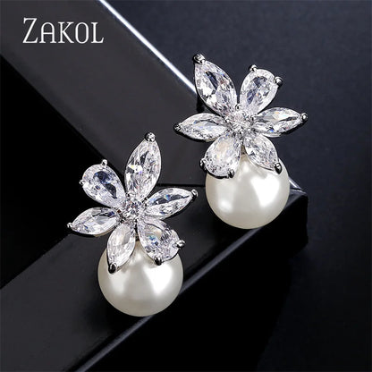 Imitation Pearl Flower Stud Earrings Shinny Marquise Zircon Wedding Earring