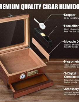 Cigar Humidor Cedar Wood Humidor Cigar Box Glass Top Desktop Humidor with Front Hygrometer Humidifier Divider Accessories Drawer