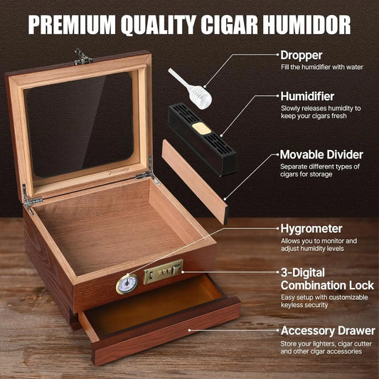 Cigar Humidor Cedar Wood Humidor Cigar Box Glass Top Desktop Humidor with Front Hygrometer Humidifier Divider Accessories Drawer