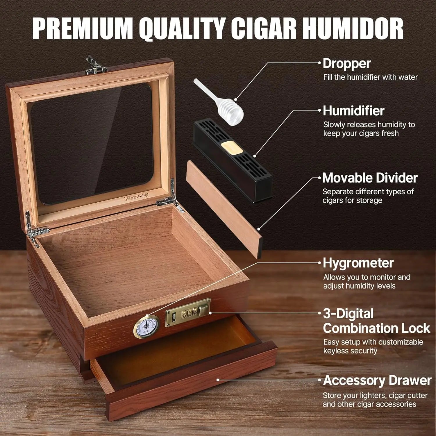 Cigar Humidor Cedar Wood Humidor Cigar Box Glass Top Desktop Humidor with Front Hygrometer Humidifier Divider Accessories Drawer