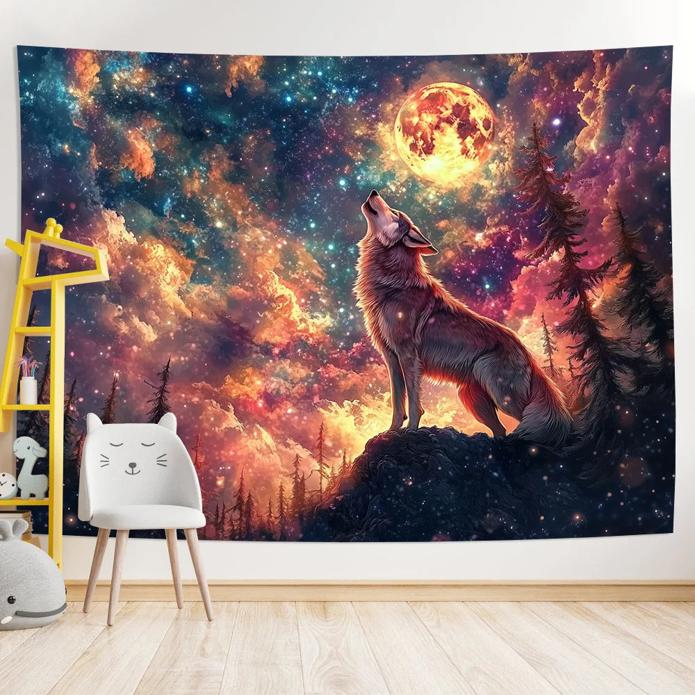 Wolf King Howling at the Moon Tapestry Starry Sky Gradient Living Room Feature Wall Nordic Style Bedroom Decor