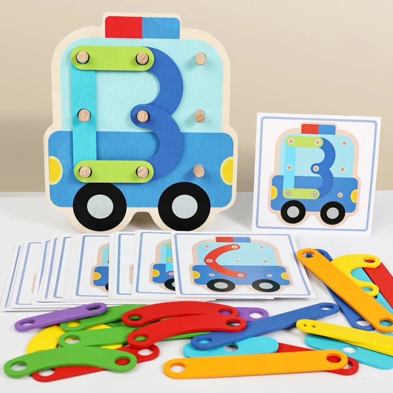 Wooden Geometric Pegboard Construction and Pattern Puzzle Set