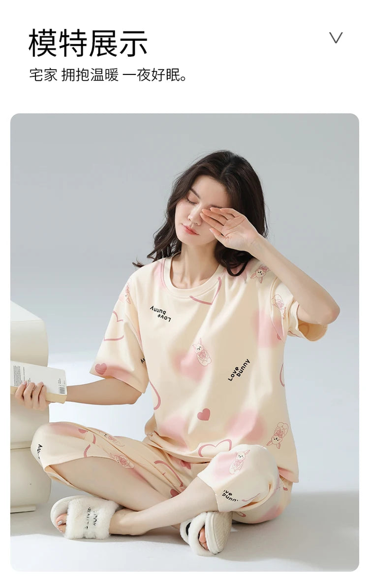 2-Pcs Women’s Summer Cotton Pajama Set – Breathable Short Sleeve Sleepwear with Cute Prints