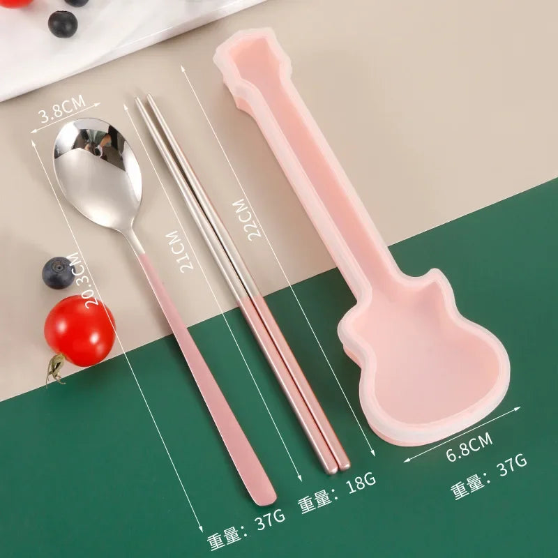2/3Pcs Cutlery Set Fork Spoon Chopsticks Dinnerware Set 304 Stainless Steel Portable Travel Flatware Guitar Box