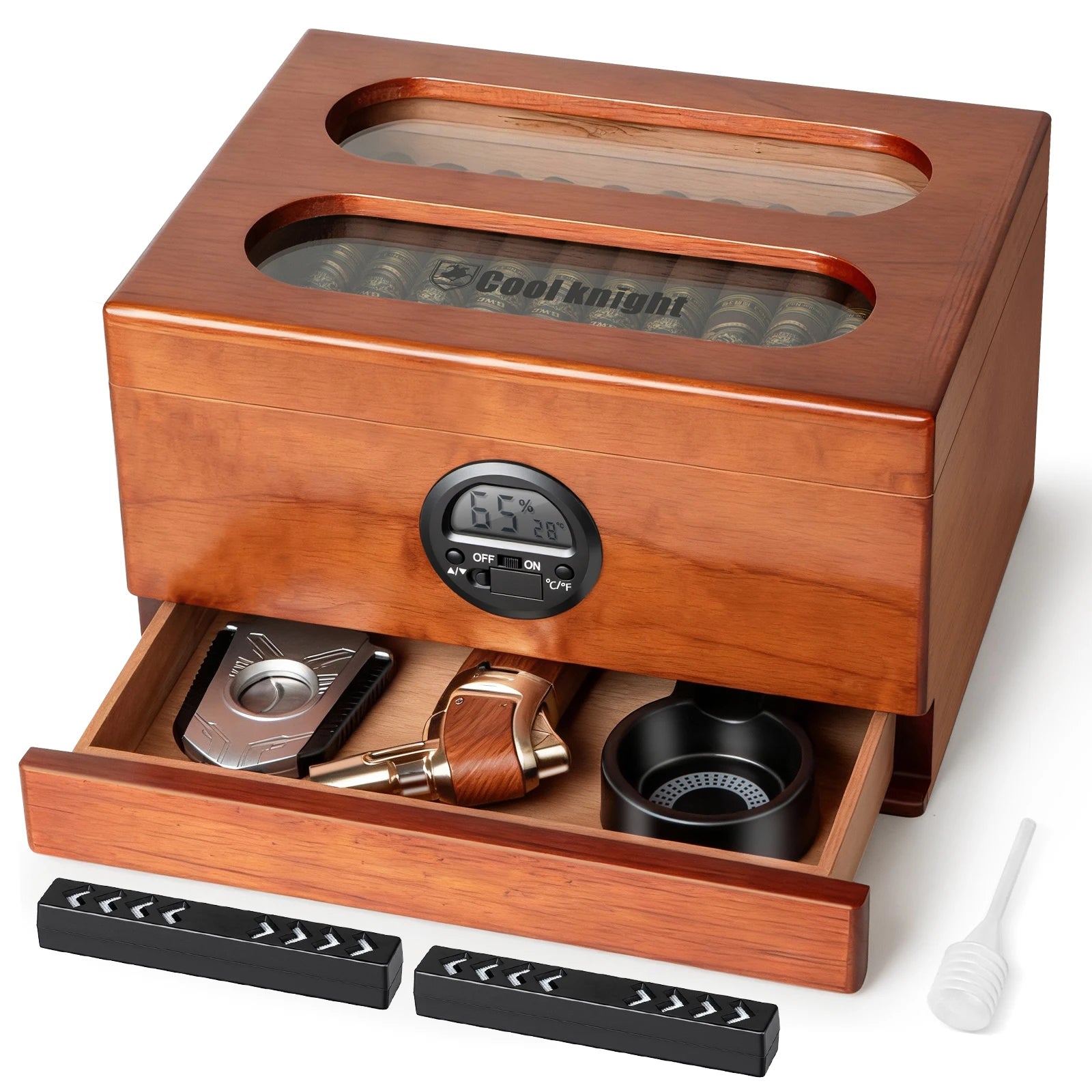 Cigar Humidor with Digital Hygrometer, Humidifier and Accessory Drawers, Glass Top Spanish Cedar Humidor, Holds 20-35 Cigars