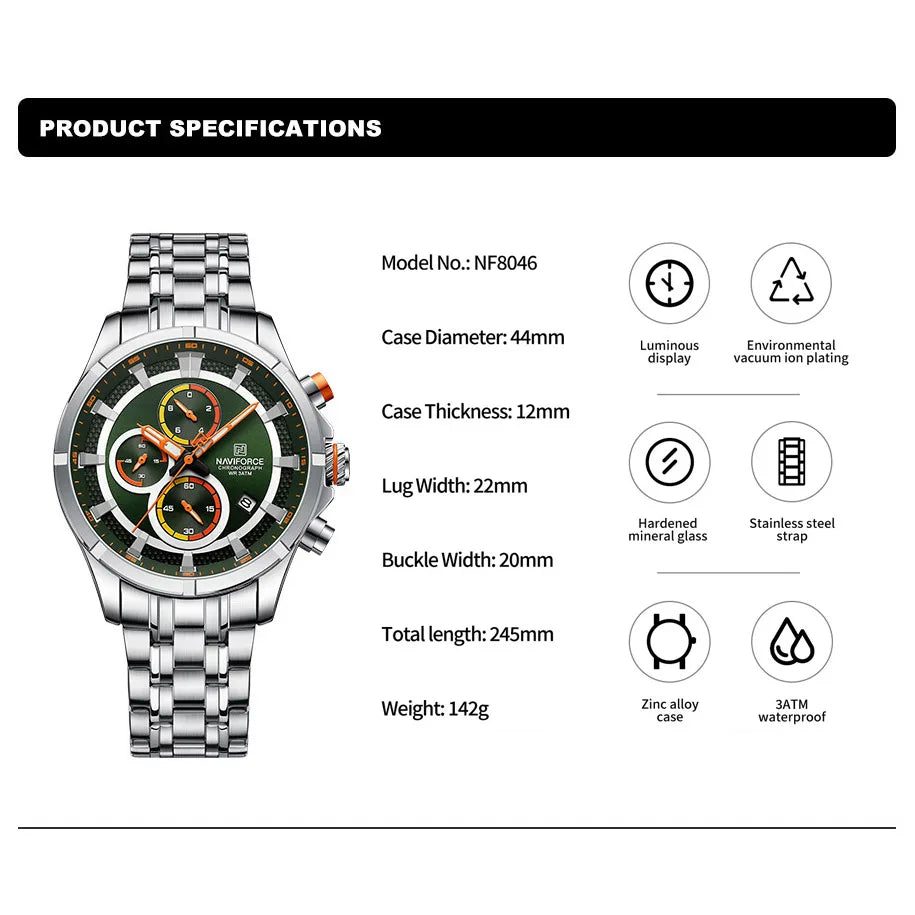 Watch for Men Stainless Steel Strap Chronograph Clock Male Sport Casual Waterproof Quartz Wristwatch